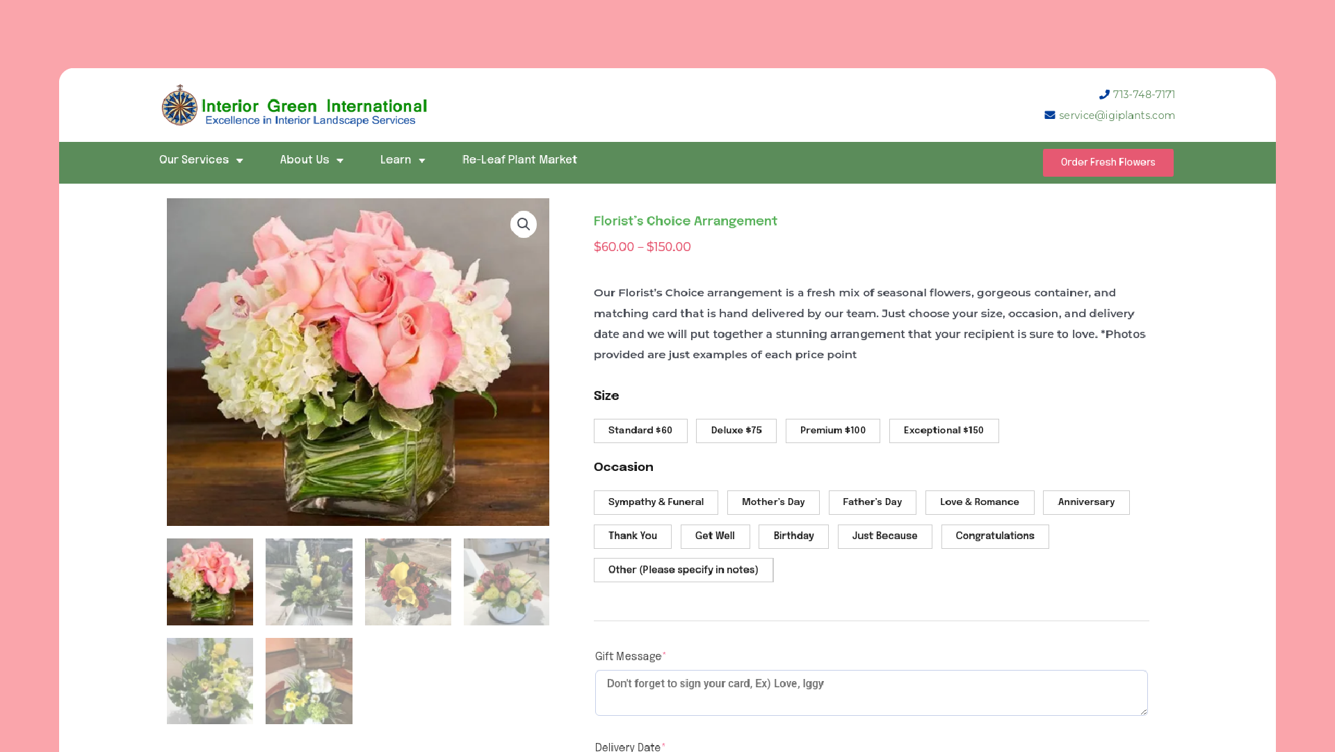 igi-web-floral interior green website page for floral arrangement orders